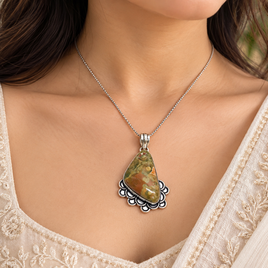 Bloodstone Pendant, Natural Jasper Gemstone Silver Jewelry PEN700-SLV-NBST01