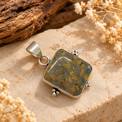 Yellow Jasper Pendant, Rustic Square Boho Gemstone Jewelry PEN703-SLV-NFJR01