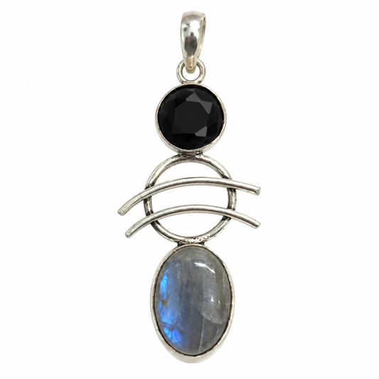 Labradorite Onyx Pendant, Blue Flash Vintage Boho Jewelry PEN706-SLV-LQUA-NLBD02