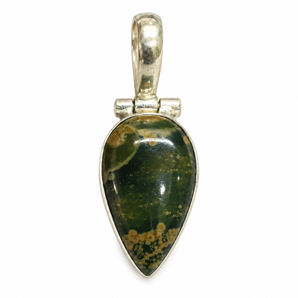 Green Ocean Jasper Pendant, Teardrop Boho Vintage Jewelry PEN709-SLV-NRUN01