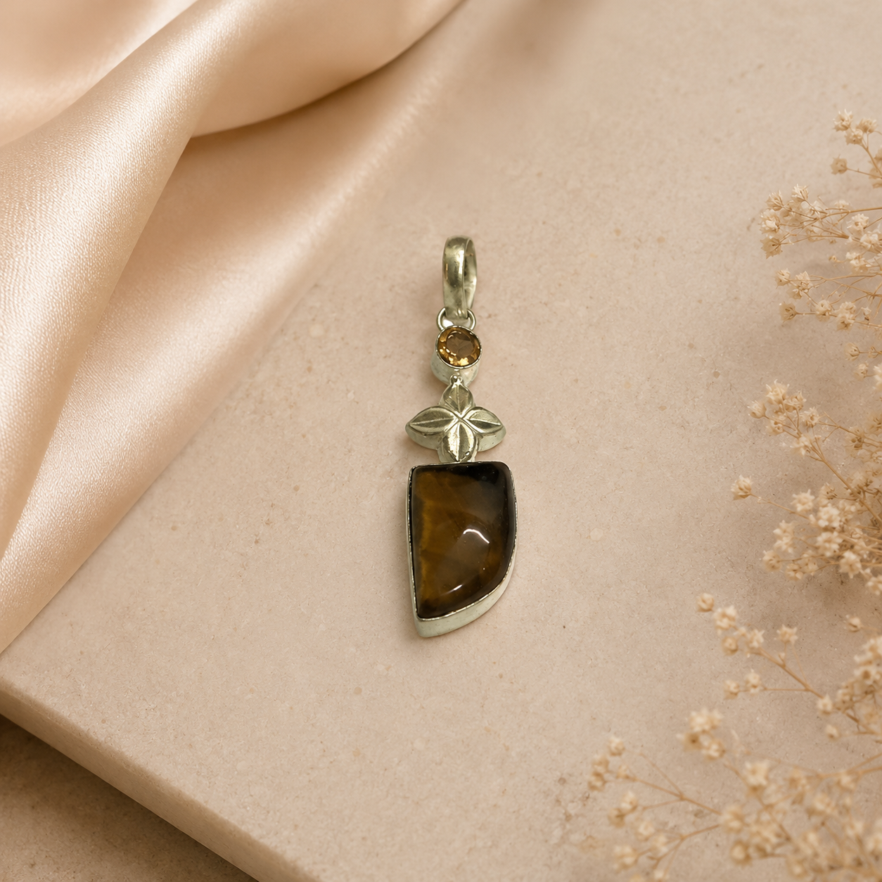 Tiger Eye Pendant Silver Tone Gemstone Jewelry Nature Inspired Gift PEN71-SLV-NTE-LQUA02
