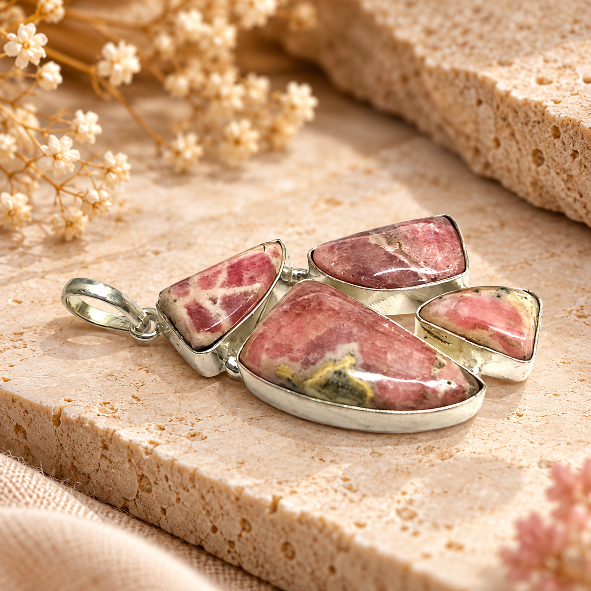 Pink Rhodochrosite Pendant, Multistone Vintage Boho Jewelry PEN710-SLV-NRHO04
