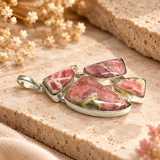 Pink Rhodochrosite Pendant, Multistone Vintage Boho Jewelry PEN710-SLV-NRHO04