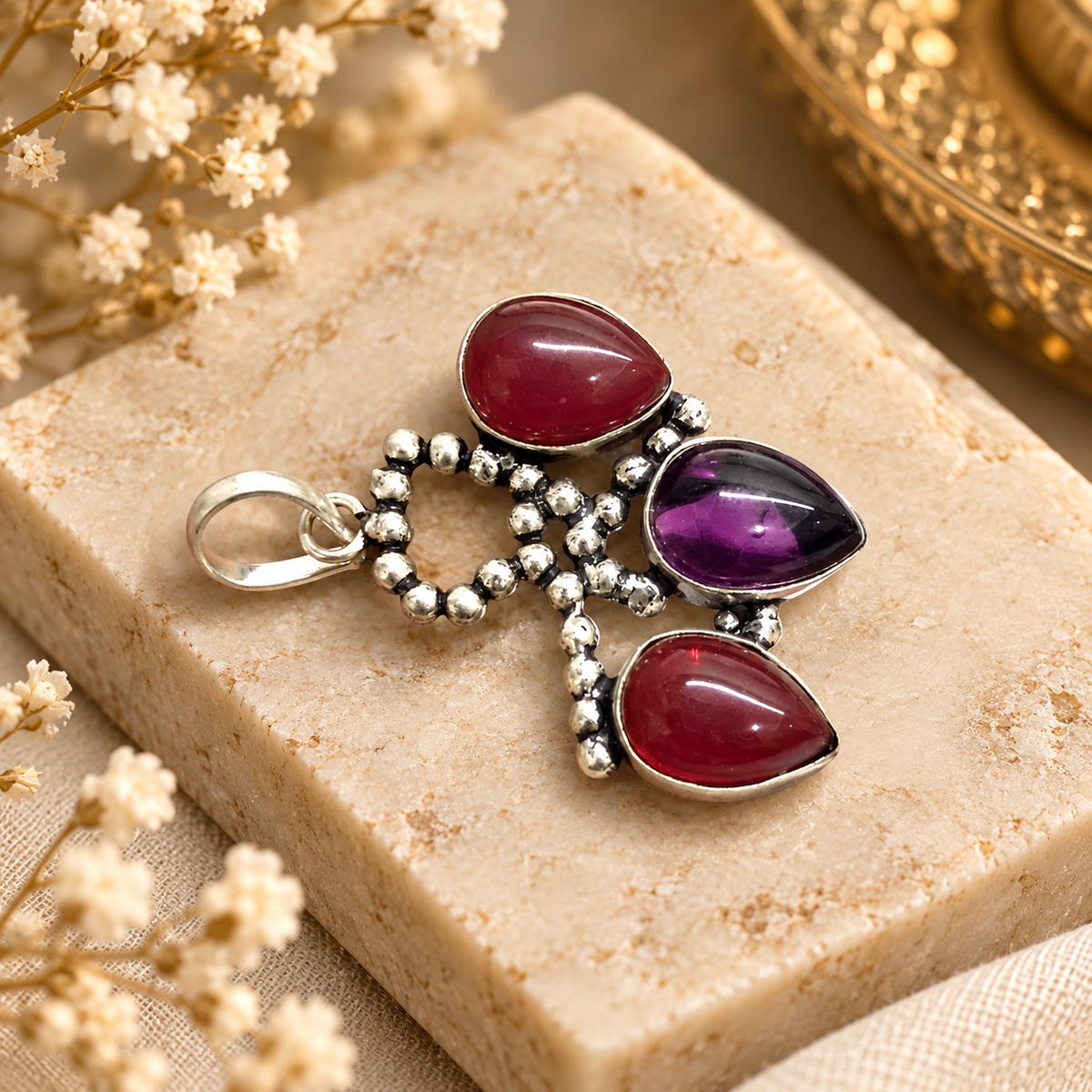Garnet Amethyst Pendant, Vintage Boho Gemstone Jewelry PEN711-SLV-LQUA03