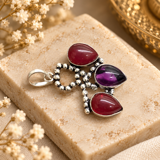Garnet Amethyst Pendant, Vintage Boho Gemstone Jewelry PEN711-SLV-LQUA03