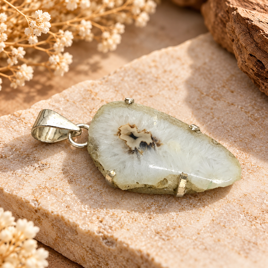 White Geode Agate Pendant, Natural Stone Boho Jewelry PEN712-SLV-NGDAG01