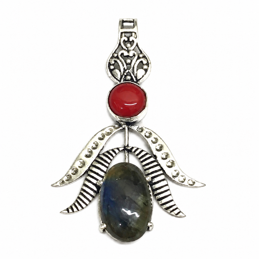 Labradorite Red Coral Pendant, Vintage Boho Statement Jewelry PEN713-SLV-LRC-NLBD02