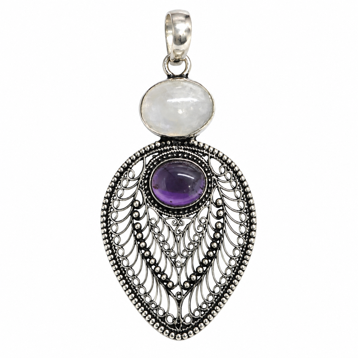 Amethyst Moonstone Pendant, Antique Silver Tone Boho Jewelry PEN714-SLV-NMS-NAMT02