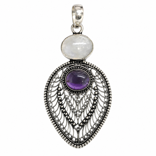 Amethyst Moonstone Pendant, Antique Silver Tone Boho Jewelry PEN714-SLV-NMS-NAMT02