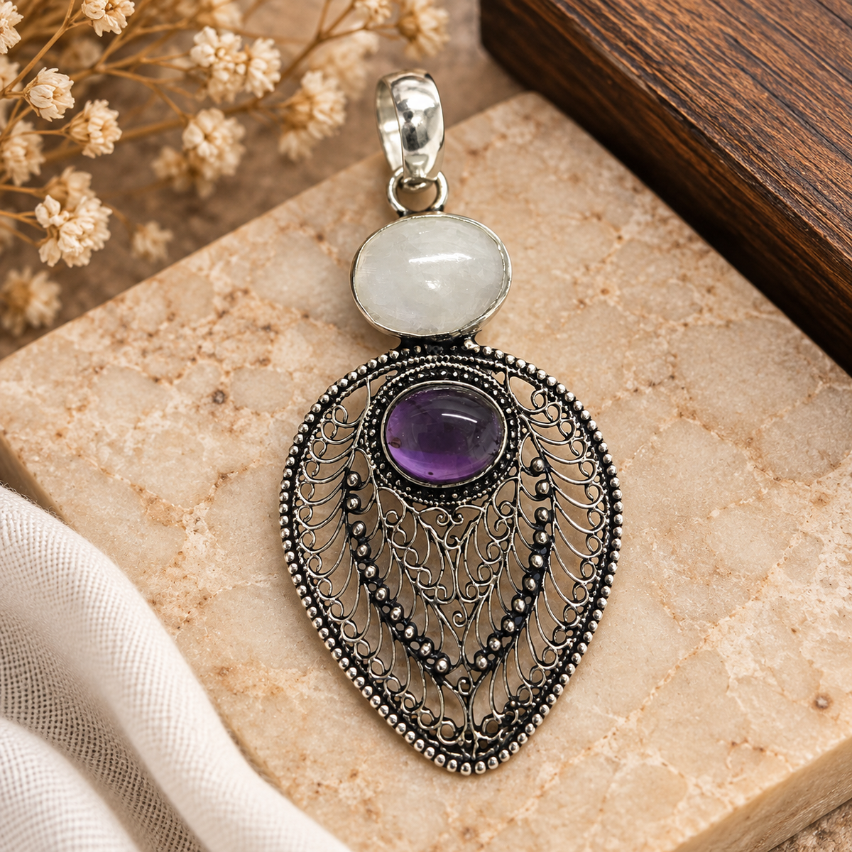 Amethyst Moonstone Pendant, Antique Silver Tone Boho Jewelry PEN714-SLV-NMS-NAMT02