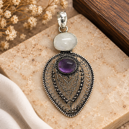 Amethyst Moonstone Pendant, Antique Silver Tone Boho Jewelry PEN714-SLV-NMS-NAMT02
