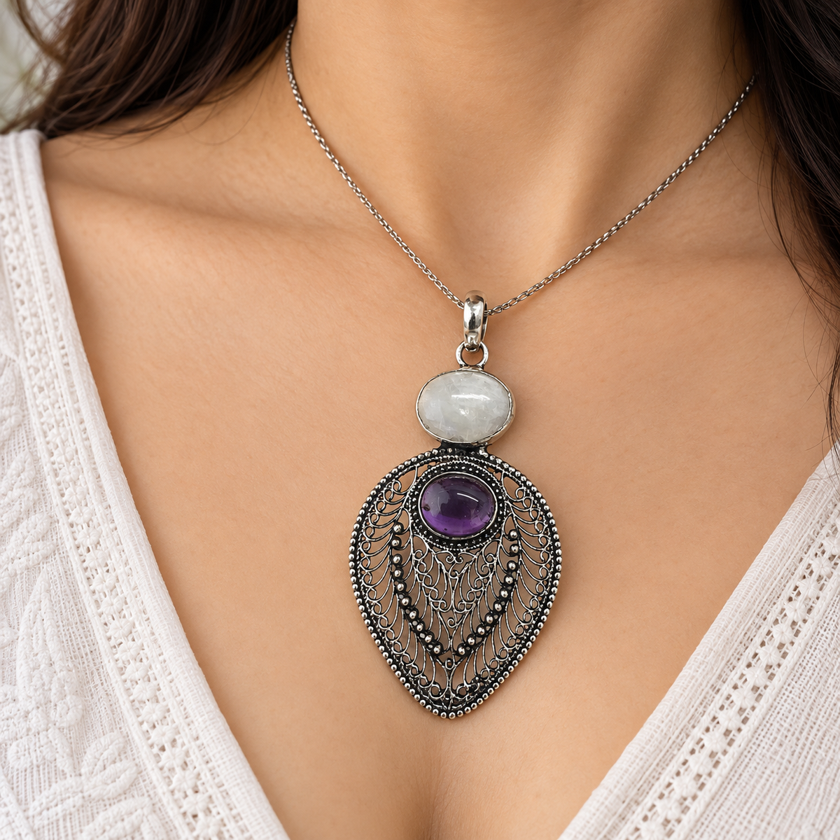 Amethyst Moonstone Pendant, Antique Silver Tone Boho Jewelry PEN714-SLV-NMS-NAMT02