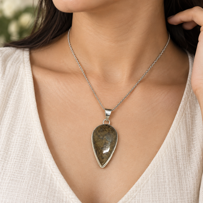 Bronzite Teardrop Pendant, Rustic Vintage Boho Gemstone PEN715-SLV-NBRZ01