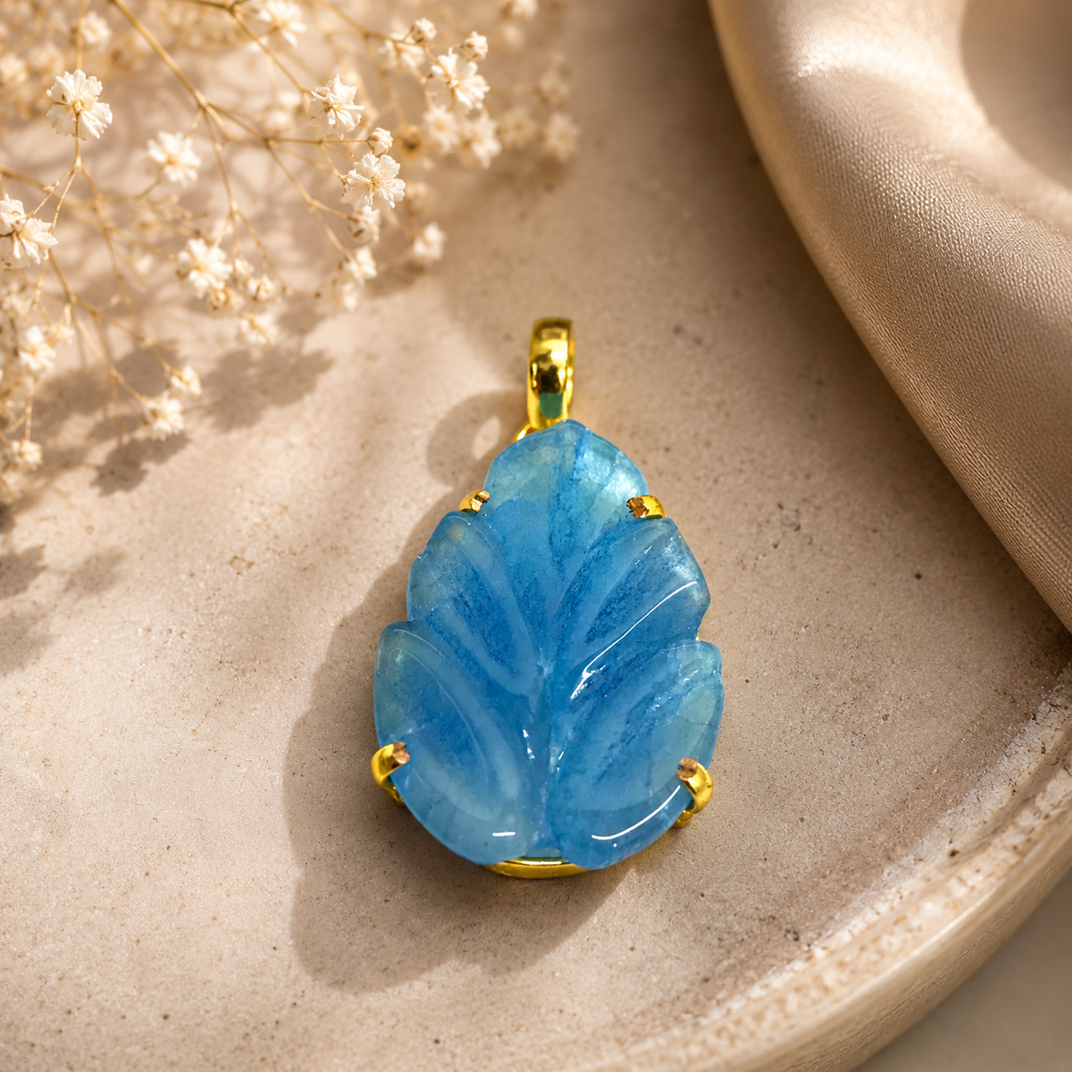 Blue Carved Quartz Pendant, Gold Tone Leaf Boho Jewelry PEN716-GLD-LCRQ01