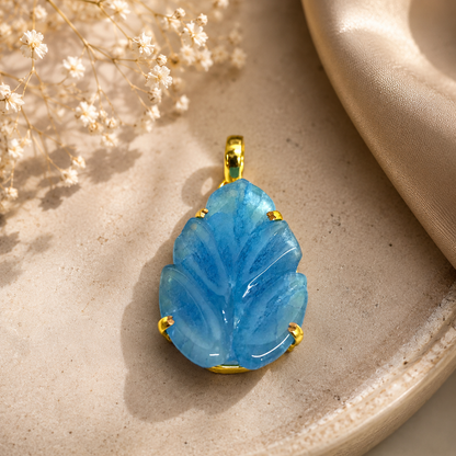 Blue Carved Quartz Pendant, Gold Tone Leaf Boho Jewelry PEN716-GLD-LCRQ01