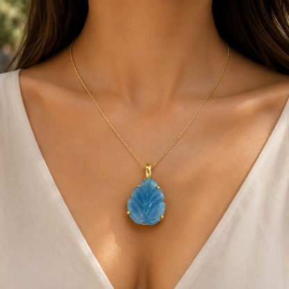 Blue Carved Quartz Pendant, Gold Tone Leaf Boho Jewelry PEN716-GLD-LCRQ01