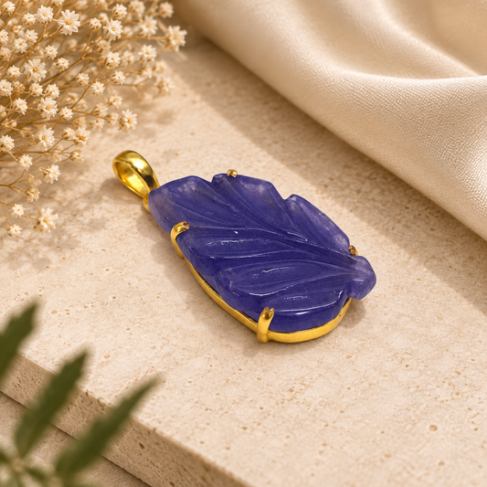 Purple Carved Stone Pendant, Gold Tone Leaf Boho Jewelry PEN718-GLD-LCRQ01