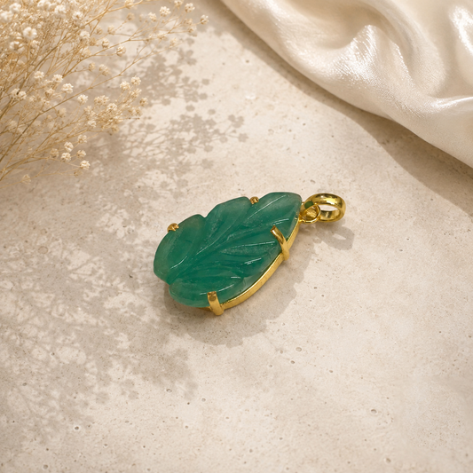 Green Carved Leaf Pendant, Gold Tone Elegant Boho Jewelry PEN719-GLD-LCRQ01