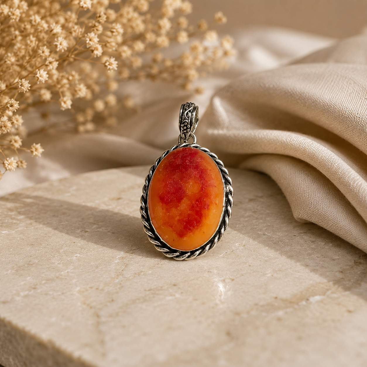 Orange Druzy Agate Silver Tone Pendant Boho Statement Gemstone Jewelry PEN72-SLV-LDY01