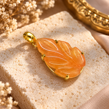 Orange Carved Leaf Pendant Gold Tone Elegant Nature Jewelry PEN720-SLV-GLD-LCRQ01