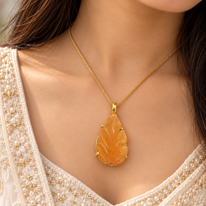Orange Carved Leaf Pendant Gold Tone Elegant Nature Jewelry PEN720-SLV-GLD-LCRQ01