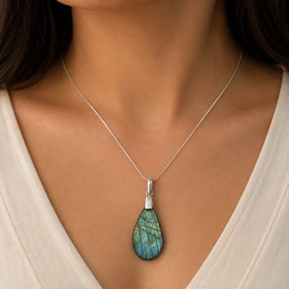 Grey Labradorite Teardrop Pendant, Minimalist Boho Jewelry PEN723-SLV-NLBD01