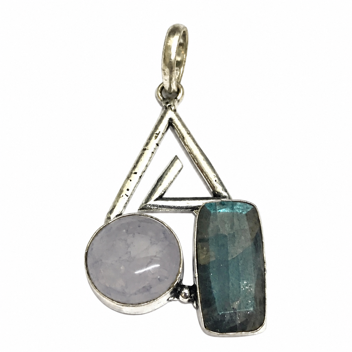 Labradorite Rose Quartz Pendant, Geometric Boho Jewelry PEN725-SLV-NRQ-NLBD02