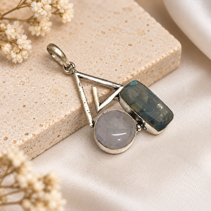 Labradorite Rose Quartz Pendant, Geometric Boho Jewelry PEN725-SLV-NRQ-NLBD02