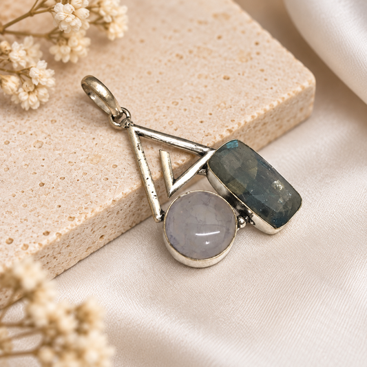 Labradorite Rose Quartz Pendant, Geometric Boho Jewelry PEN725-SLV-NRQ-NLBD02
