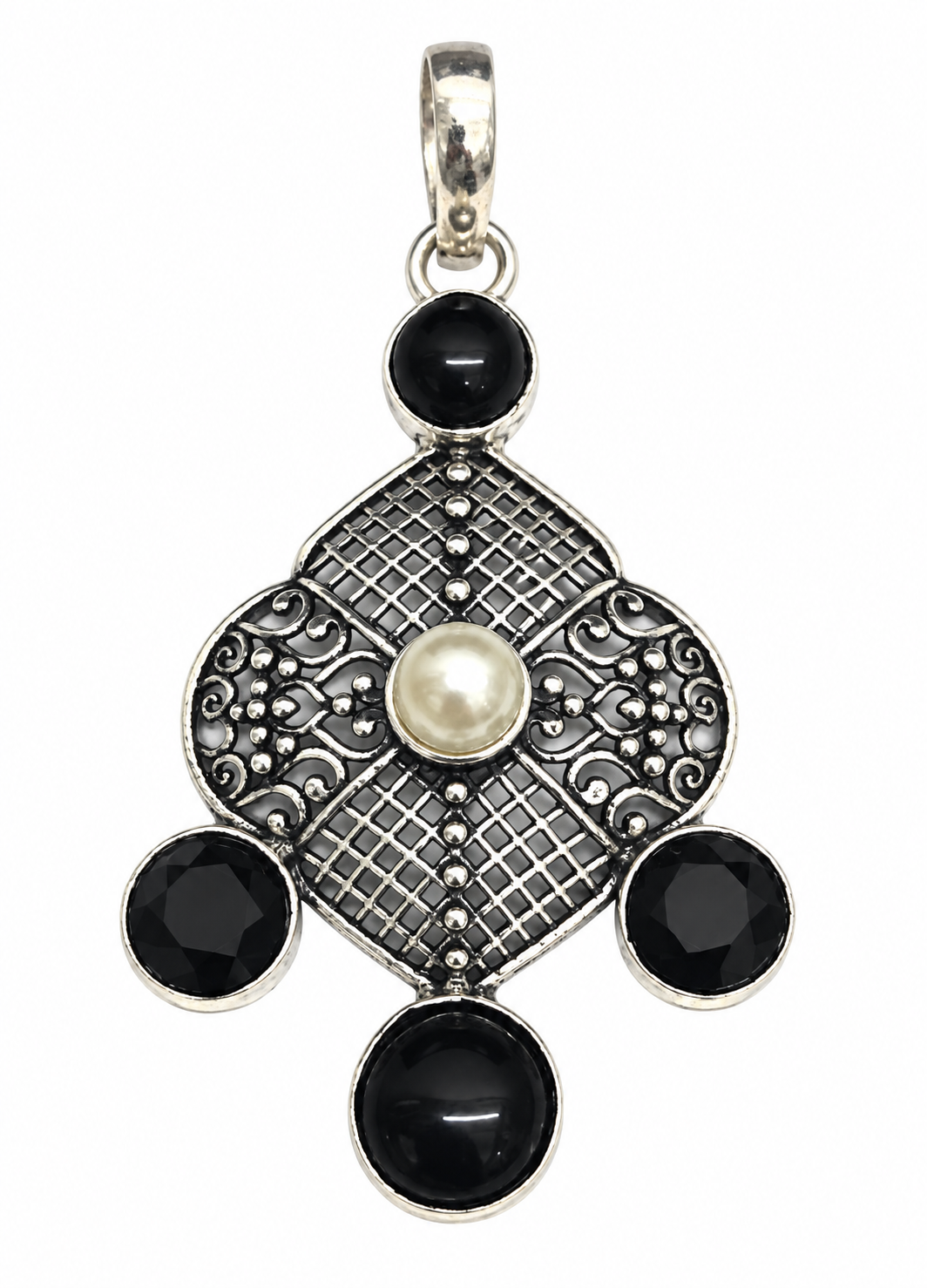 Black Spinel Pearl Pendant, Antique Boho Statement Jewelry PEN726-SLV-NPRL-LBLKSPL05