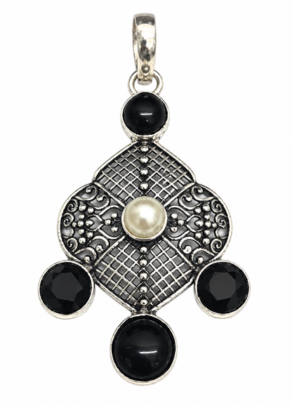 Black Spinel Pearl Pendant, Antique Boho Statement Jewelry PEN726-SLV-NPRL-LBLKSPL05