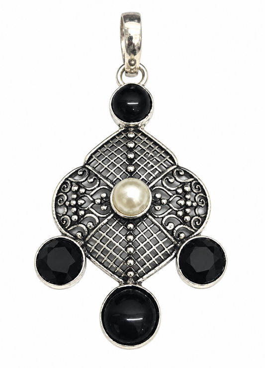 Black Spinel Pearl Pendant, Antique Boho Statement Jewelry PEN726-SLV-NPRL-LBLKSPL05