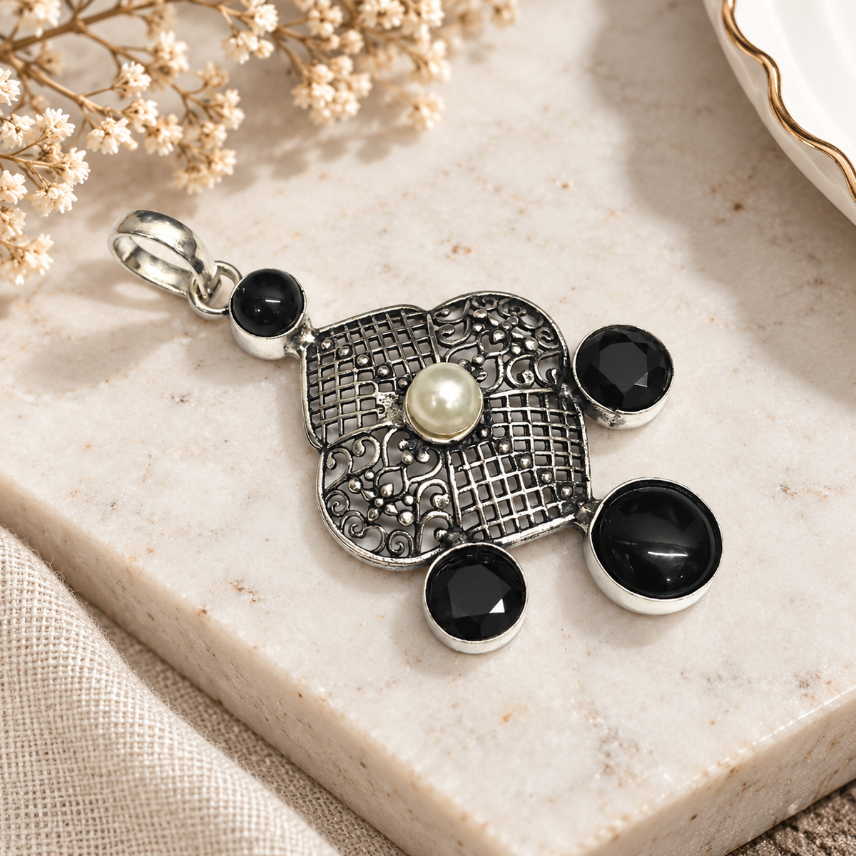 Black Spinel Pearl Pendant, Antique Boho Statement Jewelry PEN726-SLV-NPRL-LBLKSPL05