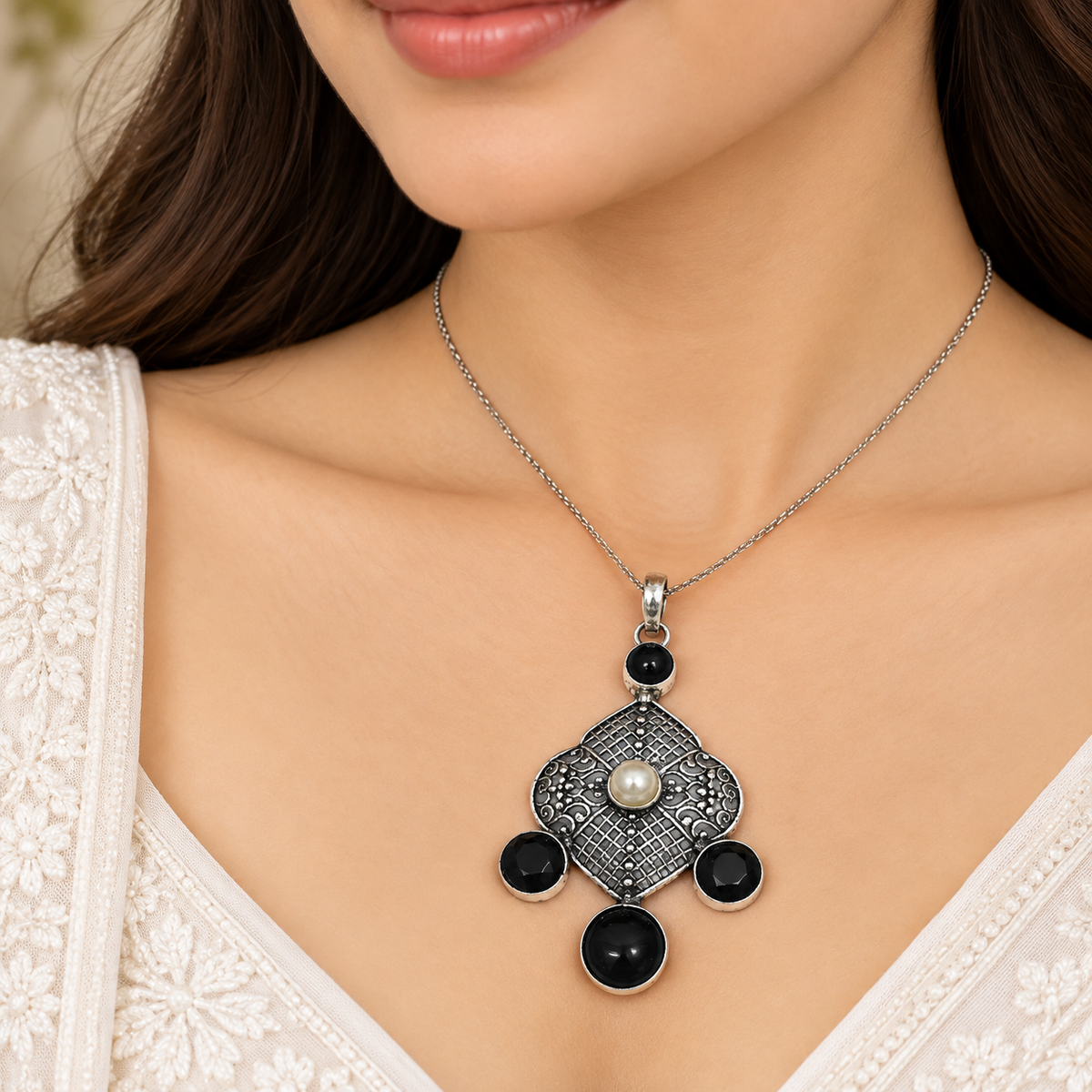 Black Spinel Pearl Pendant, Antique Boho Statement Jewelry PEN726-SLV-NPRL-LBLKSPL05