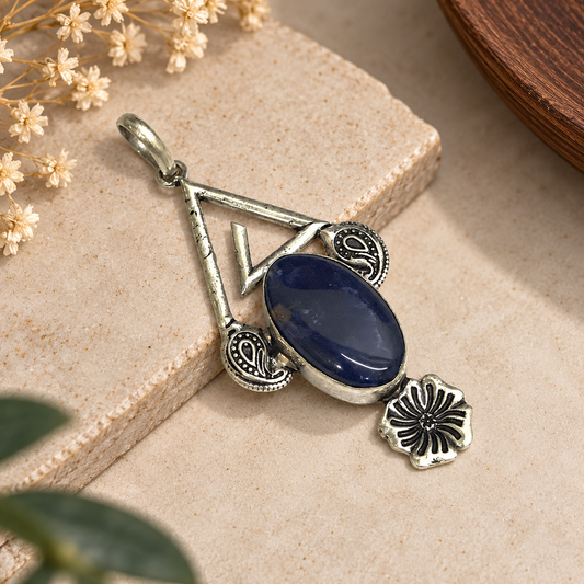 Blue Sodalite Pendant, Antique Silver Tone Boho Jewelry PEN727-SLV-NSDL01