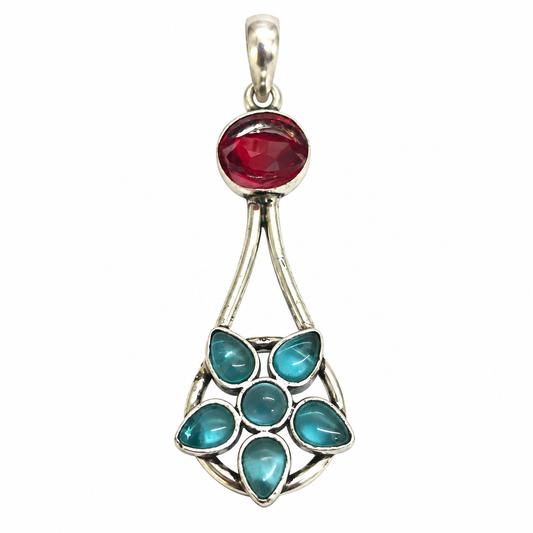 Red Garnet Blue Quartz Pendant, Vintage Silver Tone Jewelry PEN728-SLV-LGR-LQUA07