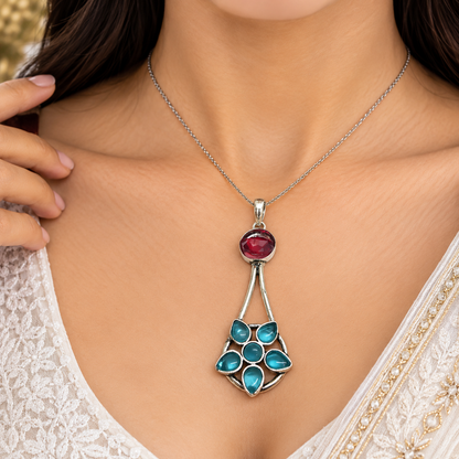 Red Garnet Blue Quartz Pendant, Vintage Silver Tone Jewelry PEN728-SLV-LGR-LQUA07