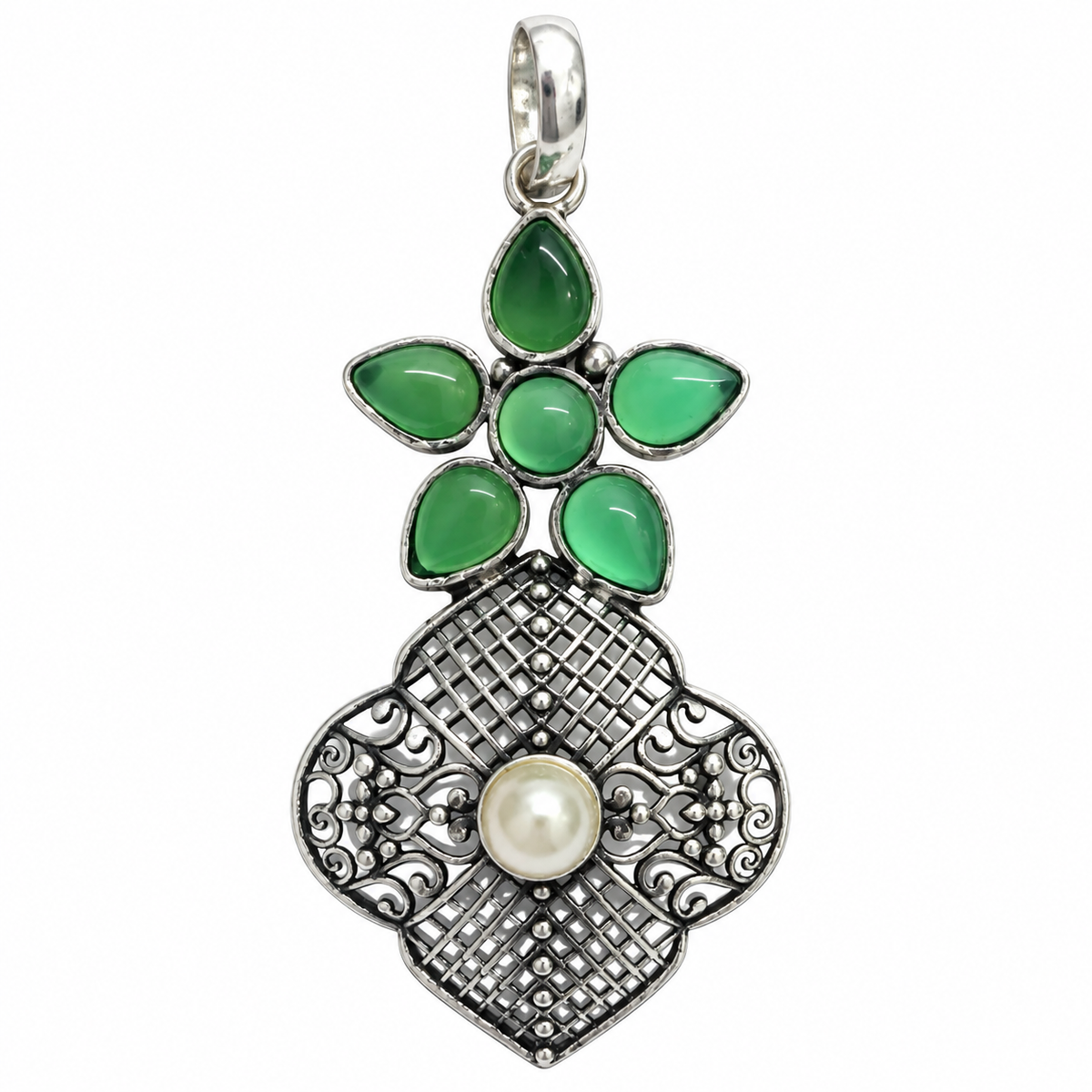 Green Quartz Pearl Pendant, Vintage Silver Tone Boho Charm PEN729-SLV-LPRL-LQUA07