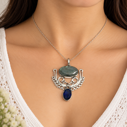 Elegant Labradorite Blue Stone Pendant with Antique Design PEN731-SLV-NLBD-LTZ02