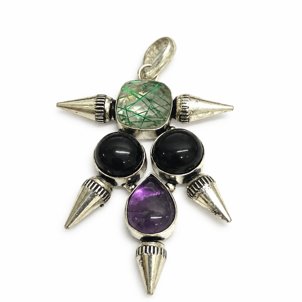 Boho Multicolor Gemstone Pendant with Spiked Antique Design PEN732-SLV-NBO-LMUL04