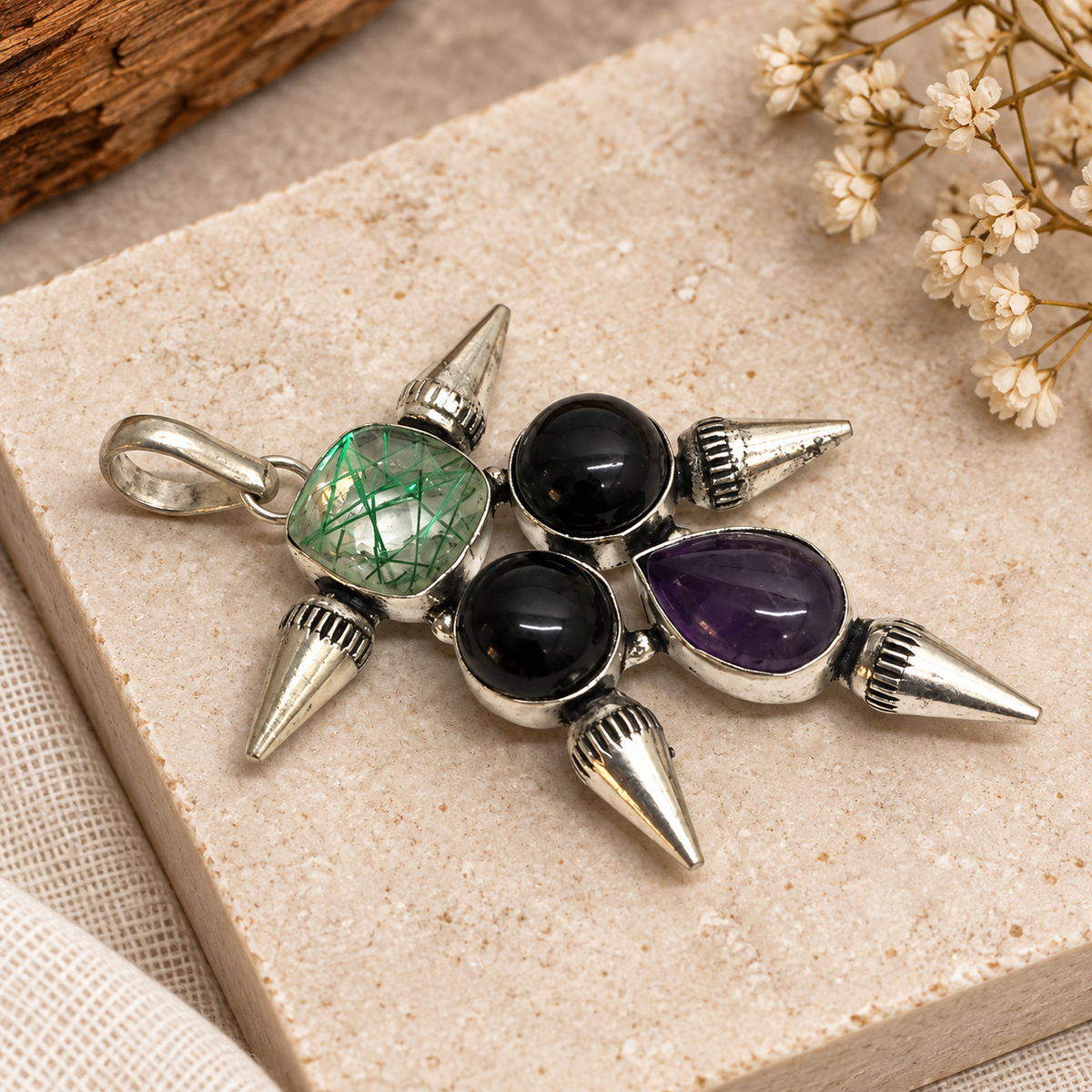 Boho Multicolor Gemstone Pendant with Spiked Antique Design PEN732-SLV-NBO-LMUL04