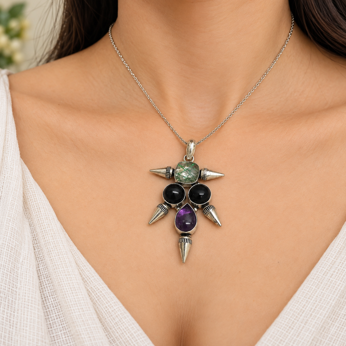 Boho Multicolor Gemstone Pendant with Spiked Antique Design PEN732-SLV-NBO-LMUL04
