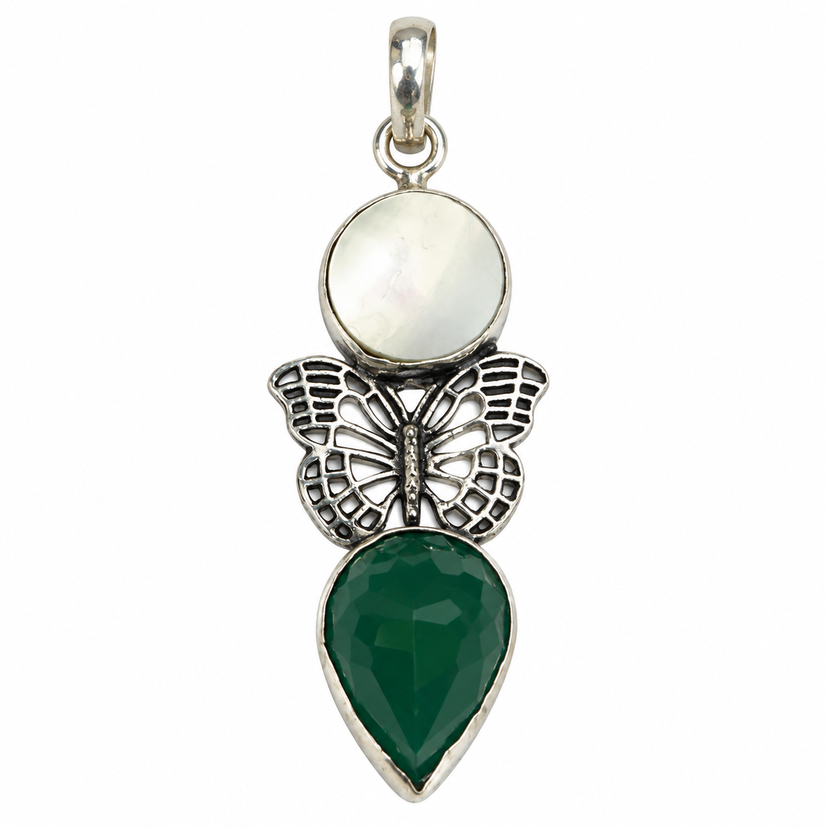 Green Onyx Mother of Pearl Butterfly Pendant Necklace Charm PEN734-SLV-NMOP-LCD02