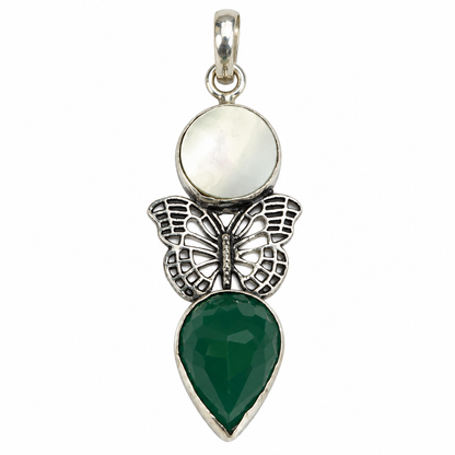 Green Onyx Mother of Pearl Butterfly Pendant Necklace Charm PEN734-SLV-NMOP-LCD02