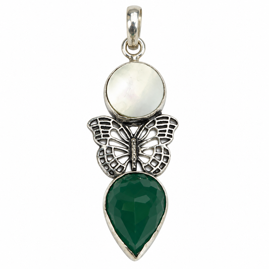 Green Onyx Mother of Pearl Butterfly Pendant Necklace Charm PEN734-SLV-NMOP-LCD02