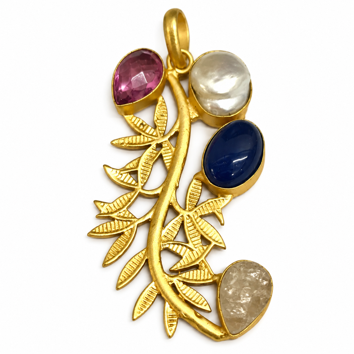 Multicolor Gemstone Gold Tone Branch Pendant Nature Jewelry PEN735-GLD-LMUL04