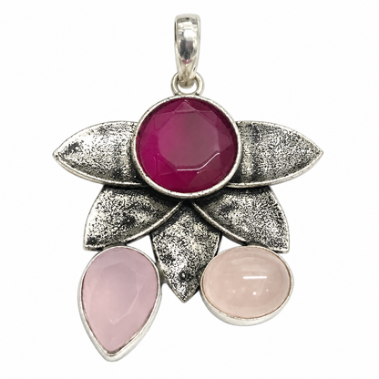 Pink Quartz Lab Created Ruby Floral Pendant in Antique Silver Tone PEN736-SLV-LRBY-LMUL03