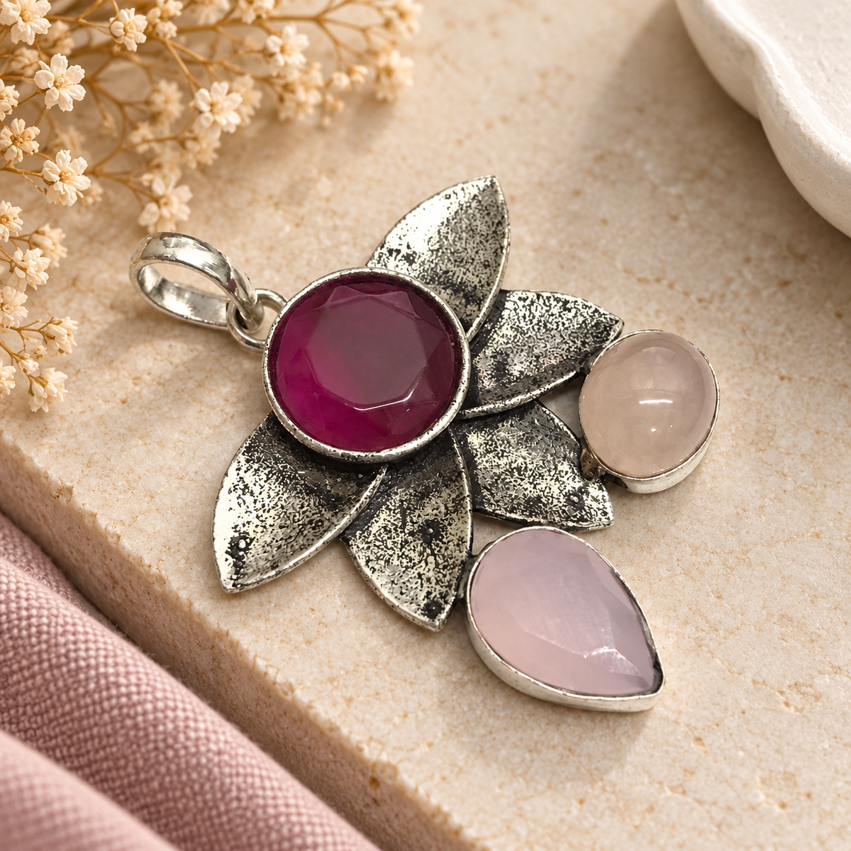 Pink Quartz Lab Created Ruby Floral Pendant in Antique Silver Tone PEN736-SLV-LRBY-LMUL03