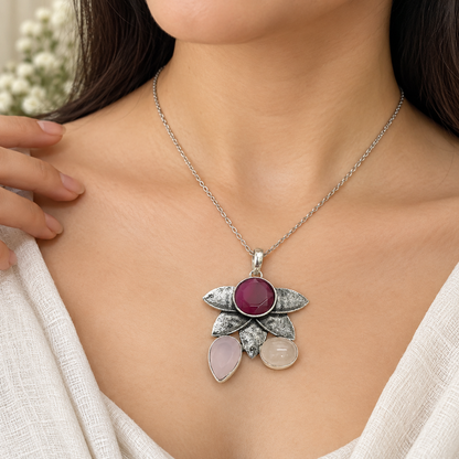 Pink Quartz Lab Created Ruby Floral Pendant in Antique Silver Tone PEN736-SLV-LRBY-LMUL03