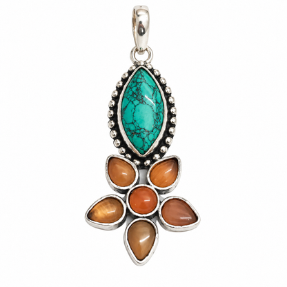 Turquoise Quartz Flower Pendant with Antique Silver Tone PEN738-SLV-LTQS-LQUA07